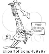 Royalty Free RF Clip Art Illustration Of A Cartoon Black And White Outline Design Of A Giraffe Businessman Holding A Sign With Sample Text by toonaday