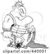 Poster, Art Print Of Cartoon Black And White Outline Design Of A Gladiator Holding A Net And Flail