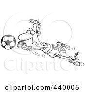 Poster, Art Print Of Cartoon Black And White Outline Design Of A Soccer Goalie Leaping Towards A Ball