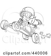Cartoon Black And White Outline Design Of A Boy Catching Air On A Go Cart