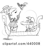 Cartoon Black And White Outline Design Of A Shoe Flying At A Gondolier Singing To A Couple