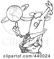 Poster, Art Print Of Cartoon Black And White Outline Design Of A Businessman Spinning A Globe