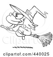 Poster, Art Print Of Cartoon Black And White Outline Design Of A Flying Girl Witch