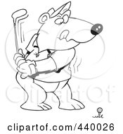 Poster, Art Print Of Cartoon Black And White Outline Design Of A Golfing Bear