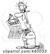Royalty Free RF Clip Art Illustration Of A Cartoon Black And White Outline Design Of A Happy Man Reading The Stocks Pages by toonaday