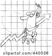 Poster, Art Print Of Cartoon Black And White Outline Design Of A Businessman Stuck On An Upwards Graph