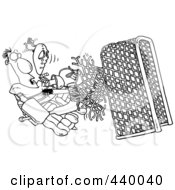 Royalty Free RF Clip Art Illustration Of A Cartoon Black And White Outline Design Of A Puck Knocking A Goalie Through The Net