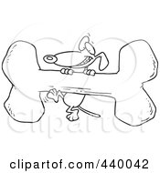 Royalty Free RF Clip Art Illustration Of A Cartoon Black And White Outline Design Of A Dog Climbing A Giant Bone by toonaday