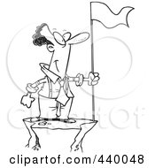 Royalty Free RF Clip Art Illustration Of A Cartoon Black And White Outline Design Of A Black Businessman With A Flag On Top Of A Mountain