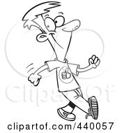Royalty Free RF Clip Art Illustration Of A Cartoon Black And White Outline Design Of A Boy Walking With A Good Attitude