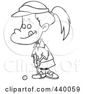 Poster, Art Print Of Cartoon Black And White Outline Design Of A Little Girl Golfing