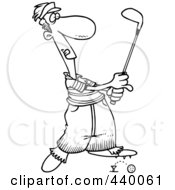 Royalty Free RF Clip Art Illustration Of A Cartoon Black And White Outline Design Of A Male Golfer Barely Knocking The Ball Off The Tee