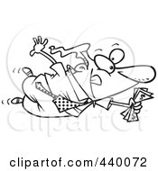 Royalty Free RF Clip Art Illustration Of A Cartoon Black And White Outline Design Of A Businessman Flying Towards A Good Deal