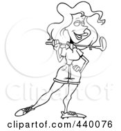 Royalty Free RF Clip Art Illustration Of A Cartoon Black And White Outline Design Of A Woman Resting A Golf Club On Her Shoulder