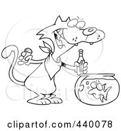 Royalty Free RF Clip Art Illustration Of A Cartoon Black And White Outline Design Of A Cat Seasoning A Goldfish With Ketchup