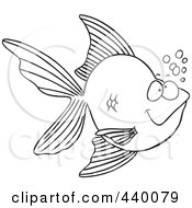 Poster, Art Print Of Cartoon Black And White Outline Design Of A Goldfish With Bubbles