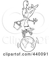 Royalty Free RF Clip Art Illustration Of A Cartoon Black And White Outline Design Of A Businesswoman Running On A Globe