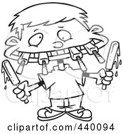 Royalty Free RF Clip Art Illustration Of A Cartoon Black And White Outline Design Of A Boy Eating A Variety Of Popsicles