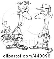 Poster, Art Print Of Cartoon Black And White Outline Design Of A Tennis Player Glaring At A Golfer
