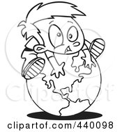 Poster, Art Print Of Cartoon Black And White Outline Design Of A Boy On Top Of A Globe