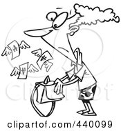 Poster, Art Print Of Cartoon Black And White Outline Design Of A Money Flying Out Of A Womans Purse