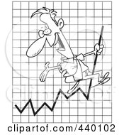 Royalty Free RF Clip Art Illustration Of A Cartoon Black And White Outline Design Of A Successful Businessman Riding On A Graph