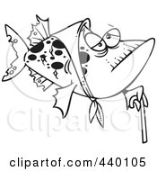 Poster, Art Print Of Cartoon Black And White Outline Design Of A Granny Fish With A Cane