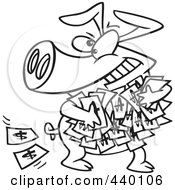 Poster, Art Print Of Cartoon Black And White Outline Design Of A Greedy Pig With Money