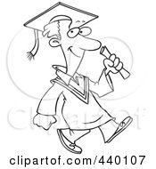 Poster, Art Print Of Cartoon Black And White Outline Design Of A Graduate Man Walking