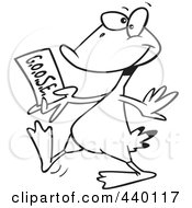 Poster, Art Print Of Cartoon Black And White Outline Design Of A Goose Walking With A Golden Ticket