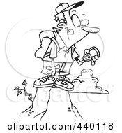 Cartoon Black And White Outline Design Of A Man On Top Of A Mountain With His Gps Device