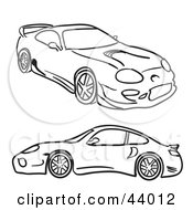 Black And White Sketches Of Two Sports Cars On White