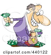 Cartoon Greedy Rich Businessman Holding His Money