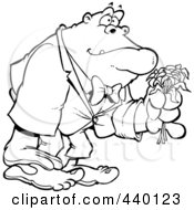 Poster, Art Print Of Cartoon Black And White Outline Design Of A Romantic Gorilla Holding Flowers