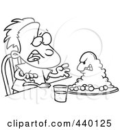 Cartoon Black And White Outline Design Of A Monster Emerging From A Boys Dinner Plate