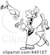 Royalty Free RF Clip Art Illustration Of A Cartoon Black And White Outline Design Of A Male Graduate Tossing His Cap by toonaday