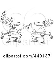 Royalty Free RF Clip Art Illustration Of A Cartoon Black And White Outline Design Of A Two Happy Men Greeting Each Other by toonaday