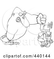 Royalty Free RF Clip Art Illustration Of A Cartoon Black And White Outline Design Of A Gorilla Holding A Man Upside Down by toonaday