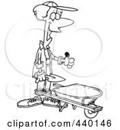 Poster, Art Print Of Cartoon Black And White Outline Design Of A Green Thumb Gardener With A Wheel Barrow