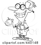 Royalty Free RF Clip Art Illustration Of A Cartoon Black And White Outline Design Of A Nerdy School Boy Holding An Apple