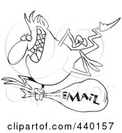 Cartoon Black And White Outline Design Of A Blue Gremlin With An Email Bag