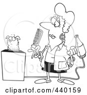 Cartoon Black And White Outline Design Of A Dog Groomer Holding A Comb And Blow Dryer