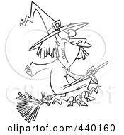 Poster, Art Print Of Cartoon Black And White Outline Design Of A Happy Witch On Her Broomstick