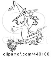 Royalty Free RF Clip Art Illustration Of A Cartoon Black And White Outline Design Of A Happy Witch On Her Broomstick