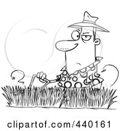 Cartoon Black And White Outline Design Of A Man Mowing Tall Grass