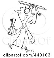 Poster, Art Print Of Cartoon Black And White Outline Design Of A Female College Graduate Walking