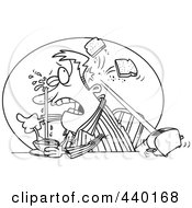 Royalty Free RF Clip Art Illustration Of A Cartoon Black And White Outline Design Of A Man Squirting His Eye With Grapefruit And A Toaster Hitting Him With Toast by toonaday