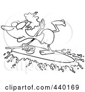 Royalty Free RF Clip Art Illustration Of A Cartoon Black And White Outline Design Of A Granny Surfing With Her Cane