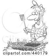 Royalty Free RF Clip Art Illustration Of A Cartoon Black And White Outline Design Of A Man Cooking On A Griddle Over A Camp Fire by toonaday