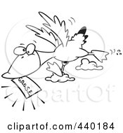Cartoon Black And White Outline Design Of A Goose Flying With A Golden Ticket